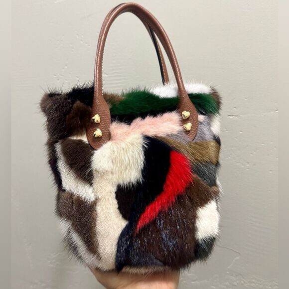 Colorful Real Mink Fur Handmade Top Handles Bag/Crossbody - Picture 7 of 12